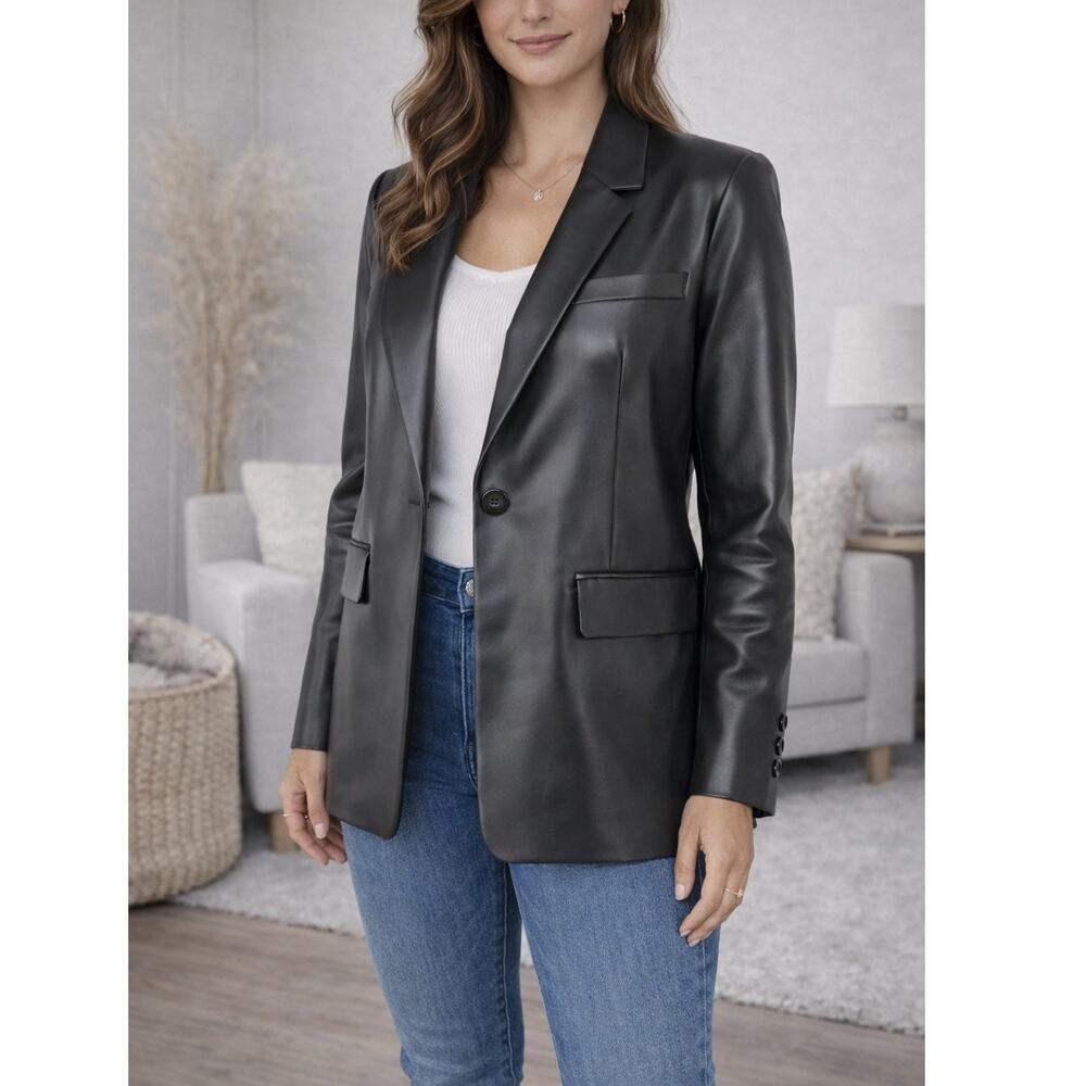 BCBGMAXAZRIA Black Vegan Leather Blazer Women's Size Large
